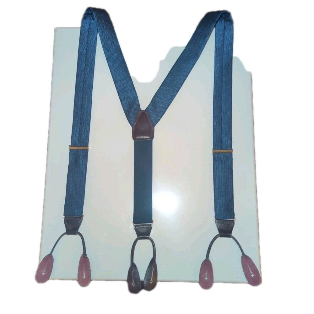 CAS W Germany Men's 100% Silk Suspenders  Blue Herringbone Button Loop Tips
